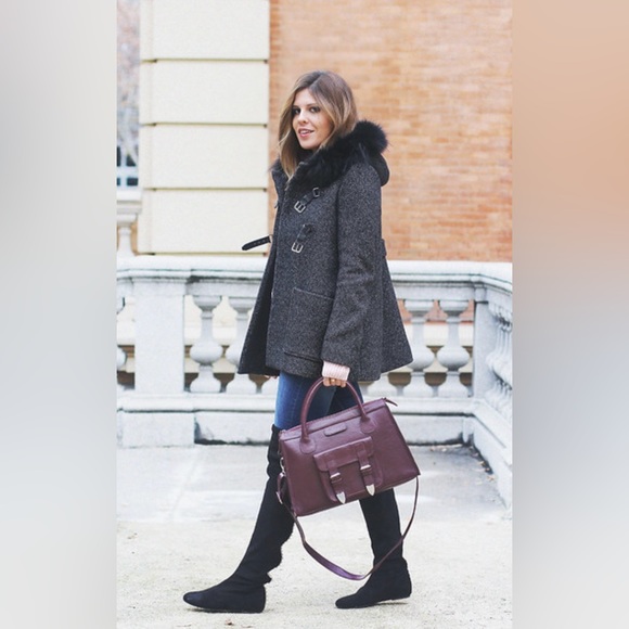 Maje 36 S Duffle Coat Wool Coyote Fur Collar Trim Jacket Black Tweed Buckle $745 - Picture 10 of 13